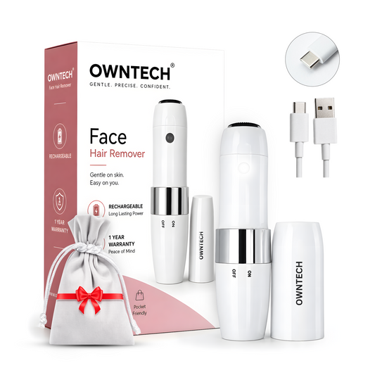 OWNTECH Facial Hair Remover for Women | Portable Electric Face Hair Remover with Type-C Fast Charging | Painless Hair Removal for Upper Lip, Chin, Cheeks & Peach Fuzz | Built-in LED Light | White