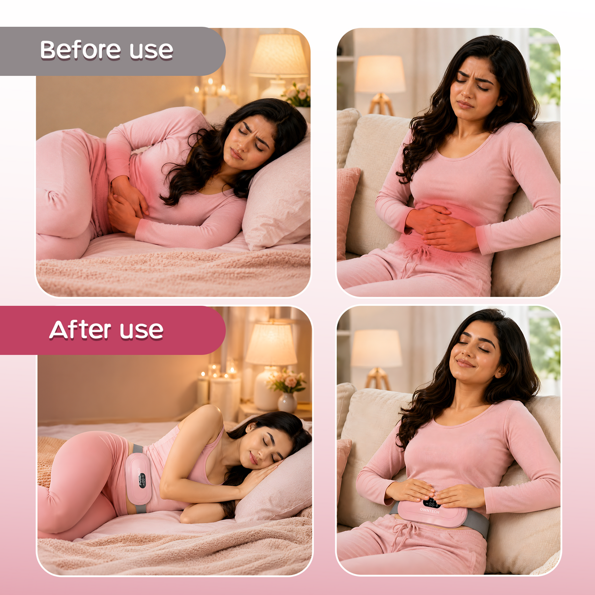 OWNTECH Period Cramp Relief Massager for Women | Heating Belt with 3 Heat & 4 Massage Modes | Rechargeable Menstrual Pain Relief Device | Menstrual Cup & Travel Pouch Included