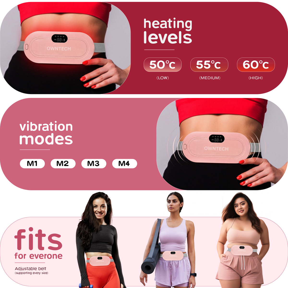 OWNTECH Period Cramp Relief Massager for Women | Heating Belt with 3 Heat & 4 Massage Modes | Rechargeable Menstrual Pain Relief Device | Menstrual Cup & Travel Pouch Included