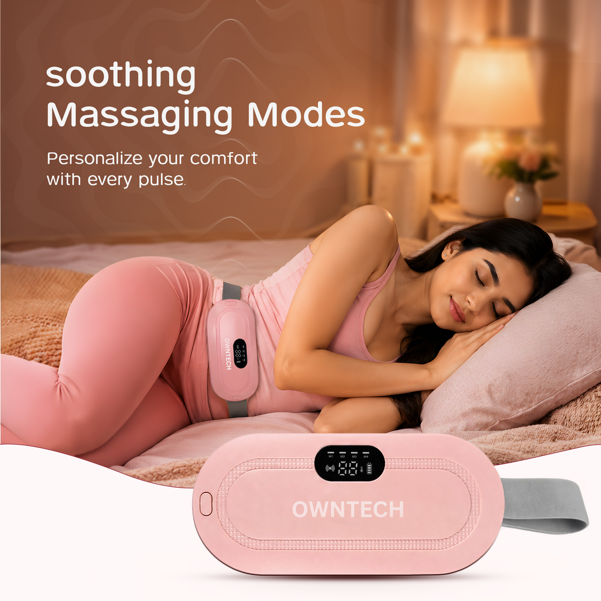 OWNTECH Period Cramp Relief Massager for Women | Heating Belt with 3 Heat & 4 Massage Modes | Rechargeable Menstrual Pain Relief Device | Menstrual Cup & Travel Pouch Included
