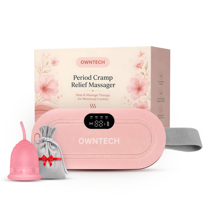 OWNTECH Period Cramp Relief Massager for Women | Heating Belt with 3 Heat & 4 Massage Modes | Rechargeable Menstrual Pain Relief Device | Menstrual Cup & Travel Pouch Included